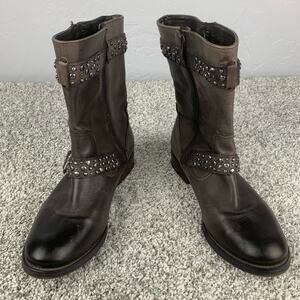 Arturo Chiang Boots Tall ankle Shaft Moto Studded Gray Buckle Side Zip Size 8.5